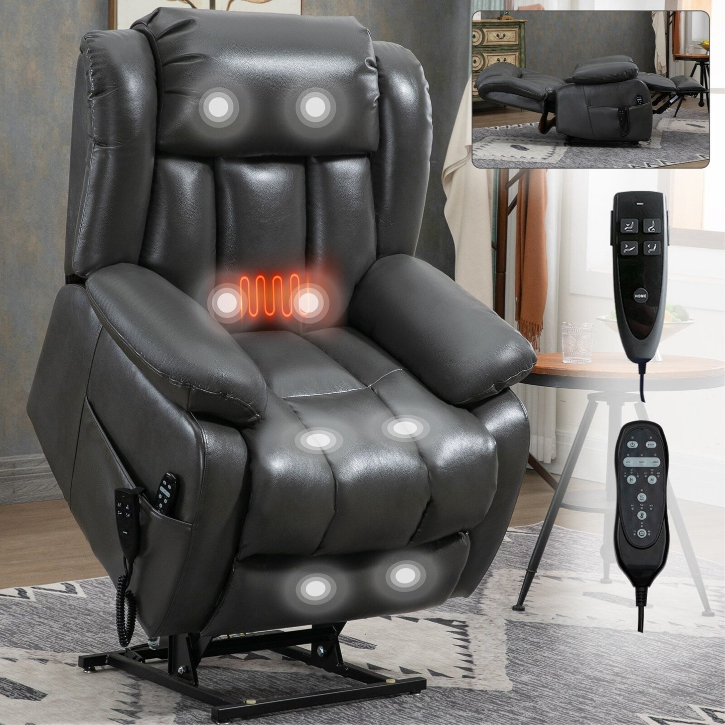 Fauteuil inclinable électrique à double moteur, position infinie, avec massage par vibration à 8 points et chauffage lombaire