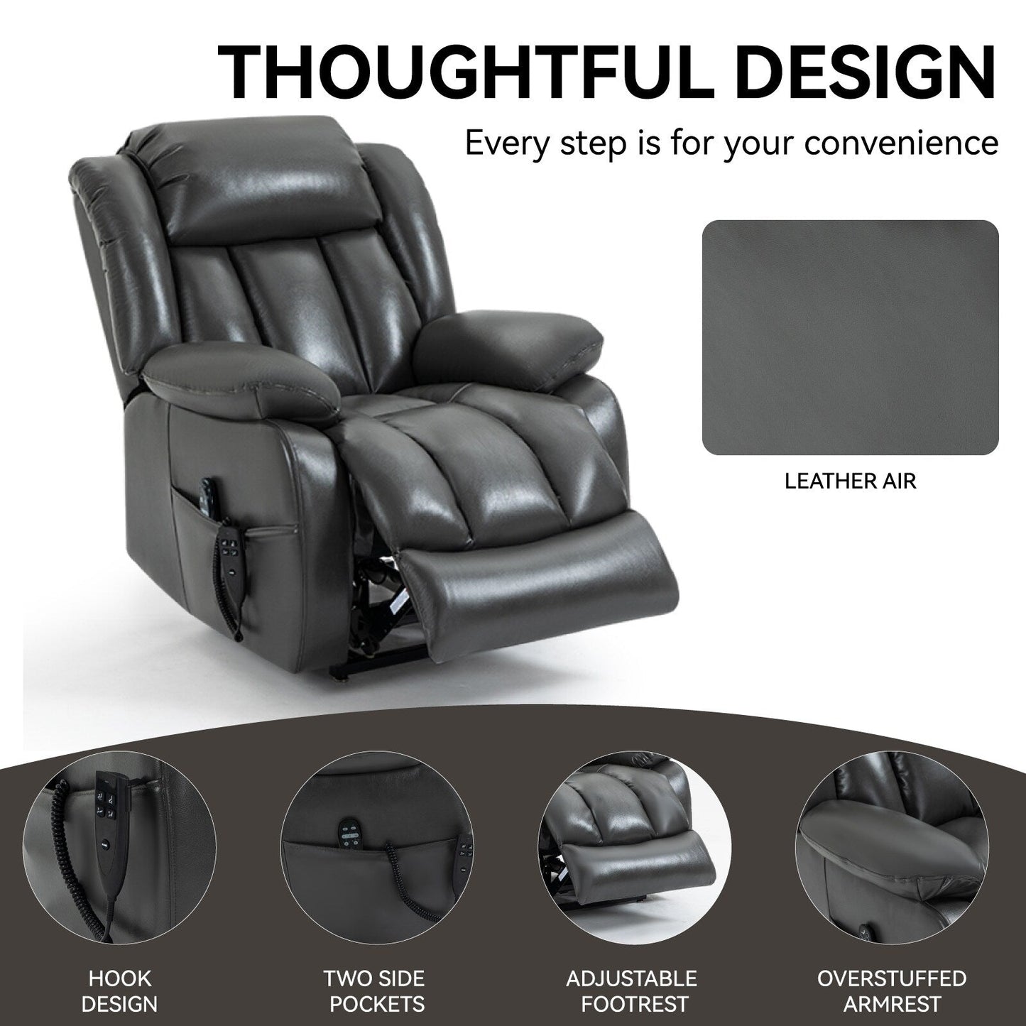 Fauteuil inclinable électrique à double moteur, position infinie, avec massage par vibration à 8 points et chauffage lombaire