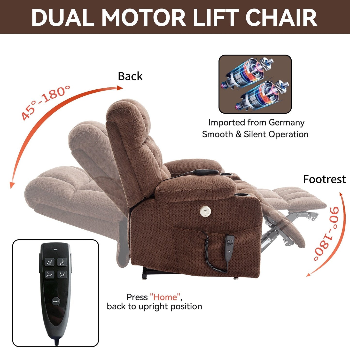 Fauteuil inclinable électrique à double moteur et position infinie, mécanisme de mouvement robuste avec chauffage lombaire, porte-gobelets et poches latérales