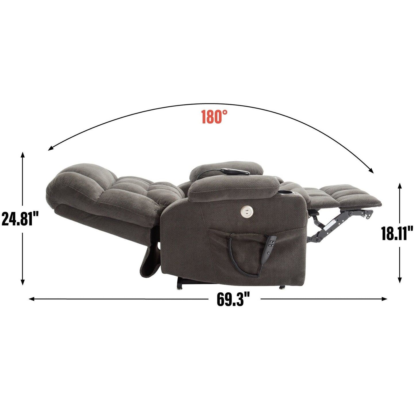 Fauteuil inclinable électrique à double moteur et position infinie, mécanisme de mouvement robuste avec chauffage lombaire, porte-gobelets et poches latérales