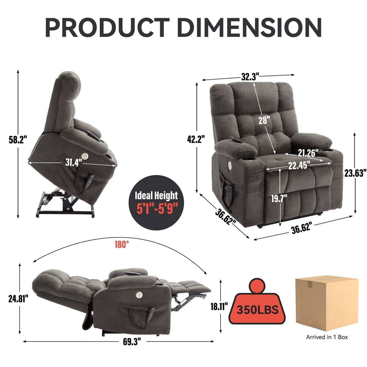 Fauteuil inclinable électrique à double moteur et position infinie, mécanisme de mouvement robuste avec chauffage lombaire, porte-gobelets et poches latérales