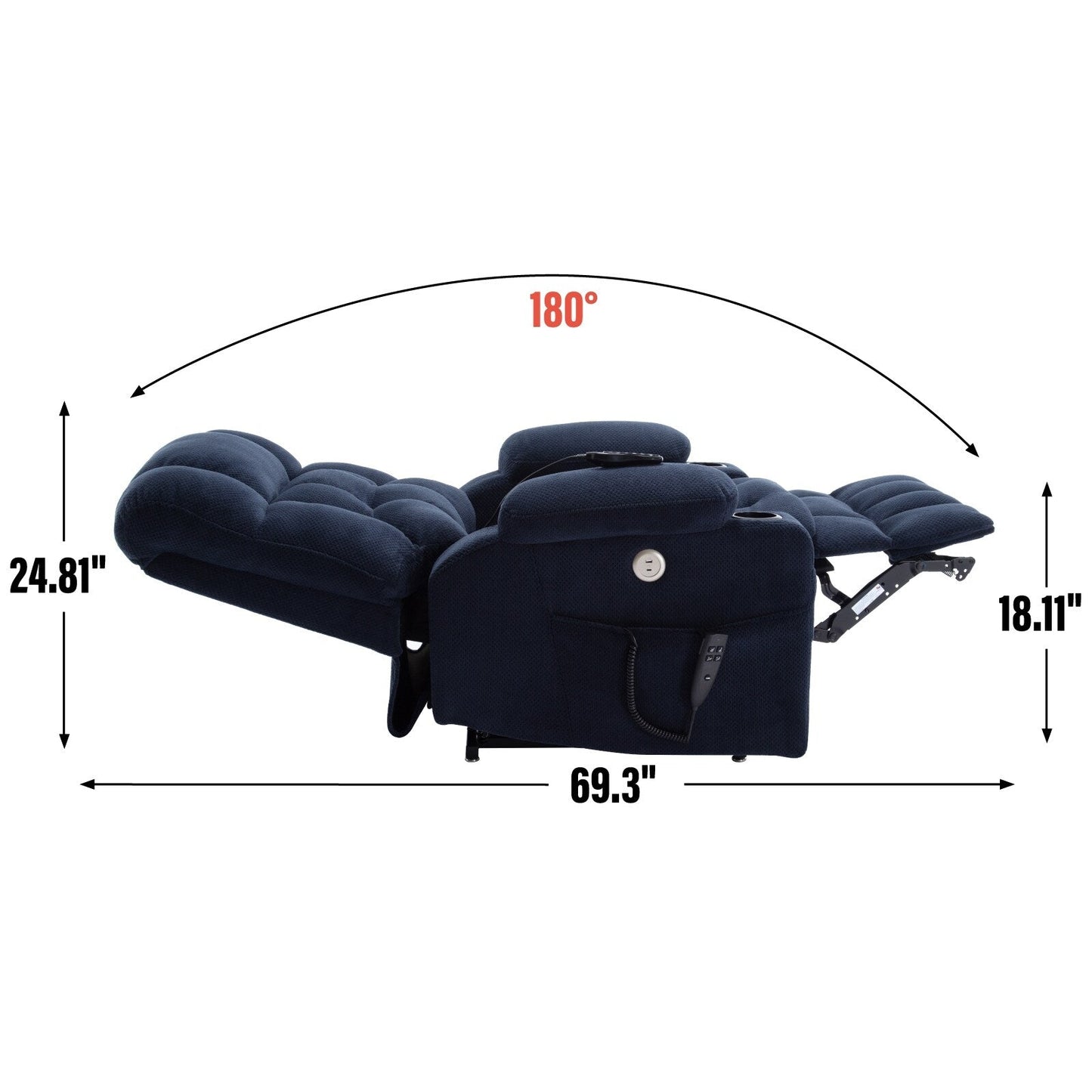 Fauteuil inclinable électrique à double moteur et position infinie, mécanisme de mouvement robuste avec chauffage lombaire, porte-gobelets et poches latérales