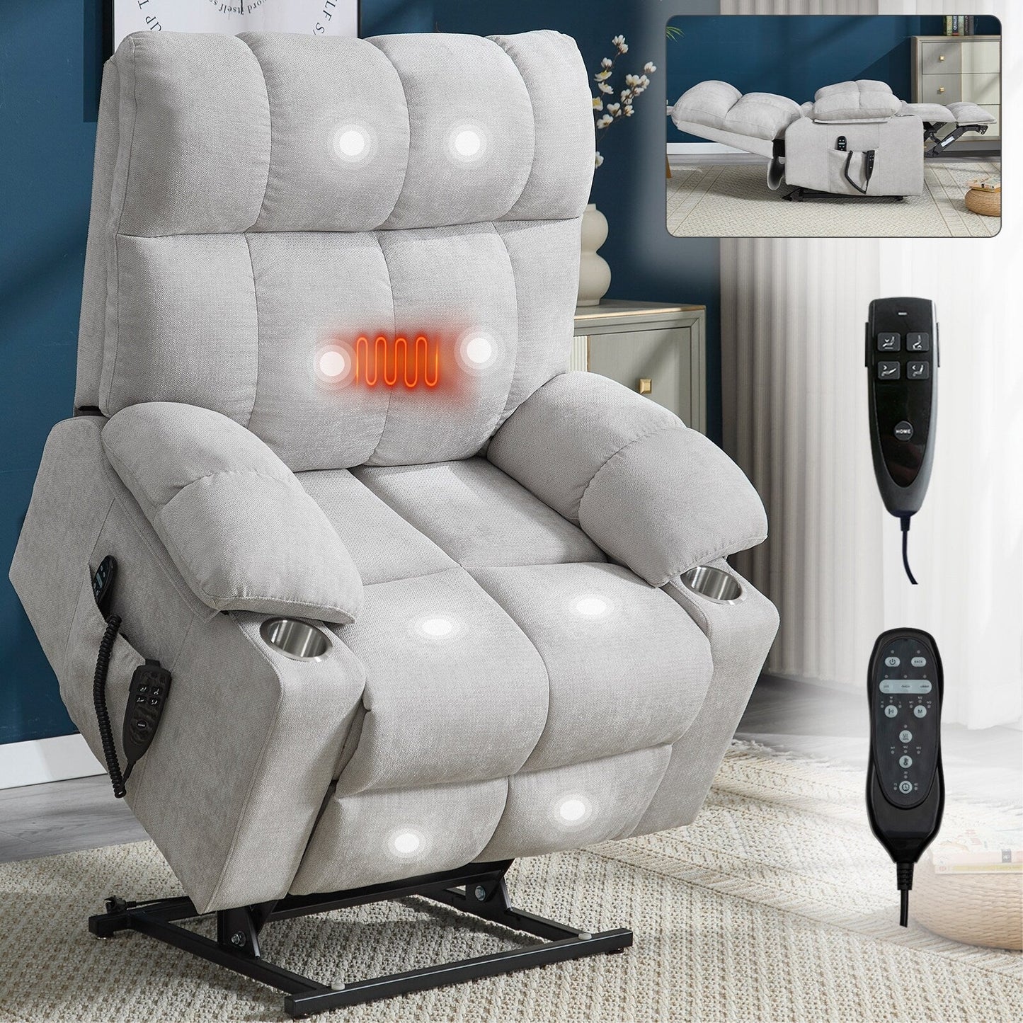 Fauteuil inclinable électrique à double moteur, positions infinies, avec massage par vibration à 8 points et chauffage lombaire, deux porte-gobelets