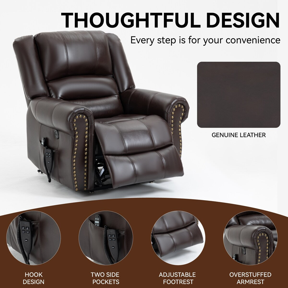Fauteuil releveur électrique à double moteur, massage thermique, ports USB, cuir PU