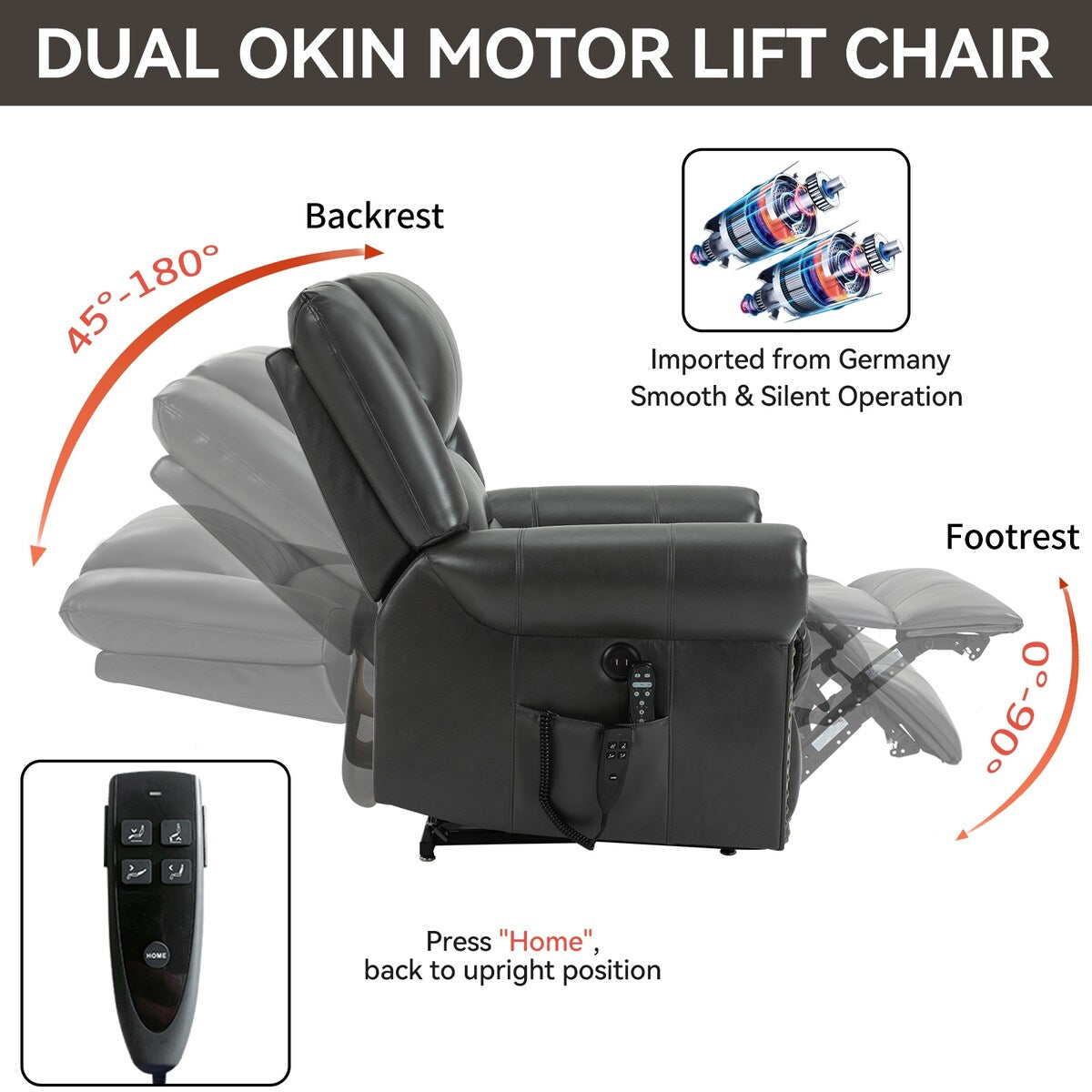 Fauteuil releveur électrique à double moteur, massage thermique, ports USB, cuir PU