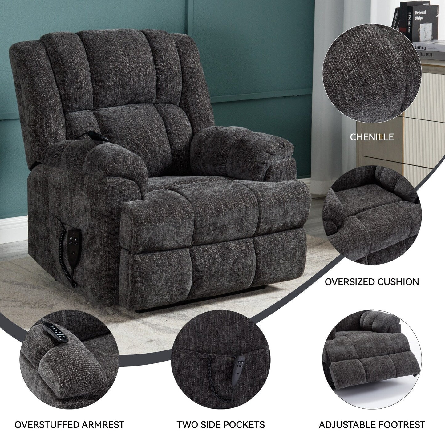 Fauteuil inclinable électrique à double moteur en chenille avec massage et chauffage, gris foncé