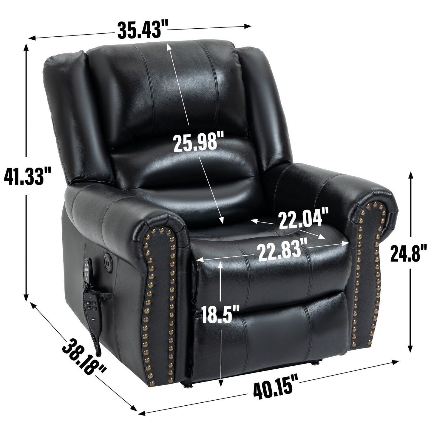 Fauteuil inclinable en cuir véritable à double moteur avec massage thermique et ports USB
