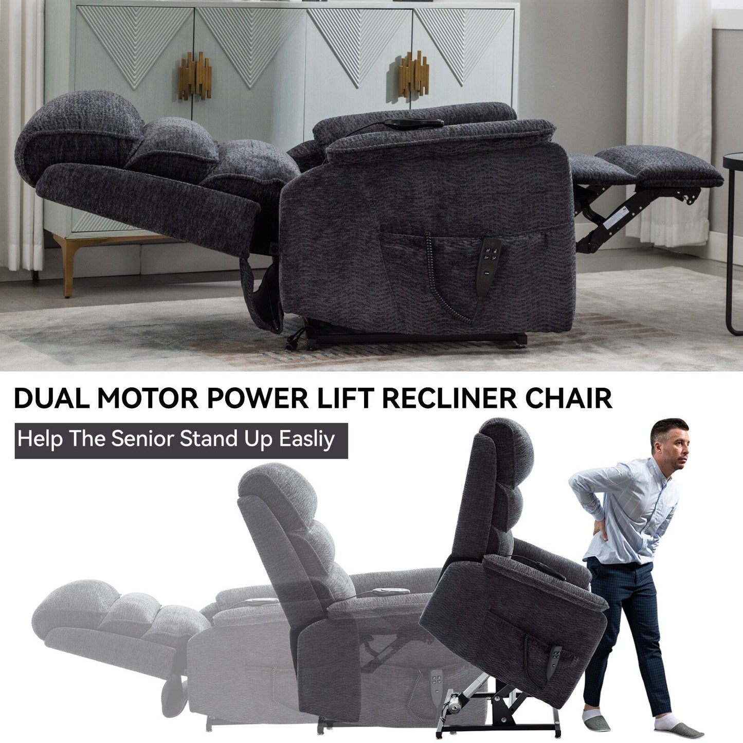 Fauteuil inclinable électrique à double moteur avec massage et chauffage lombaire - Tissu chenille, inclinaison électrique