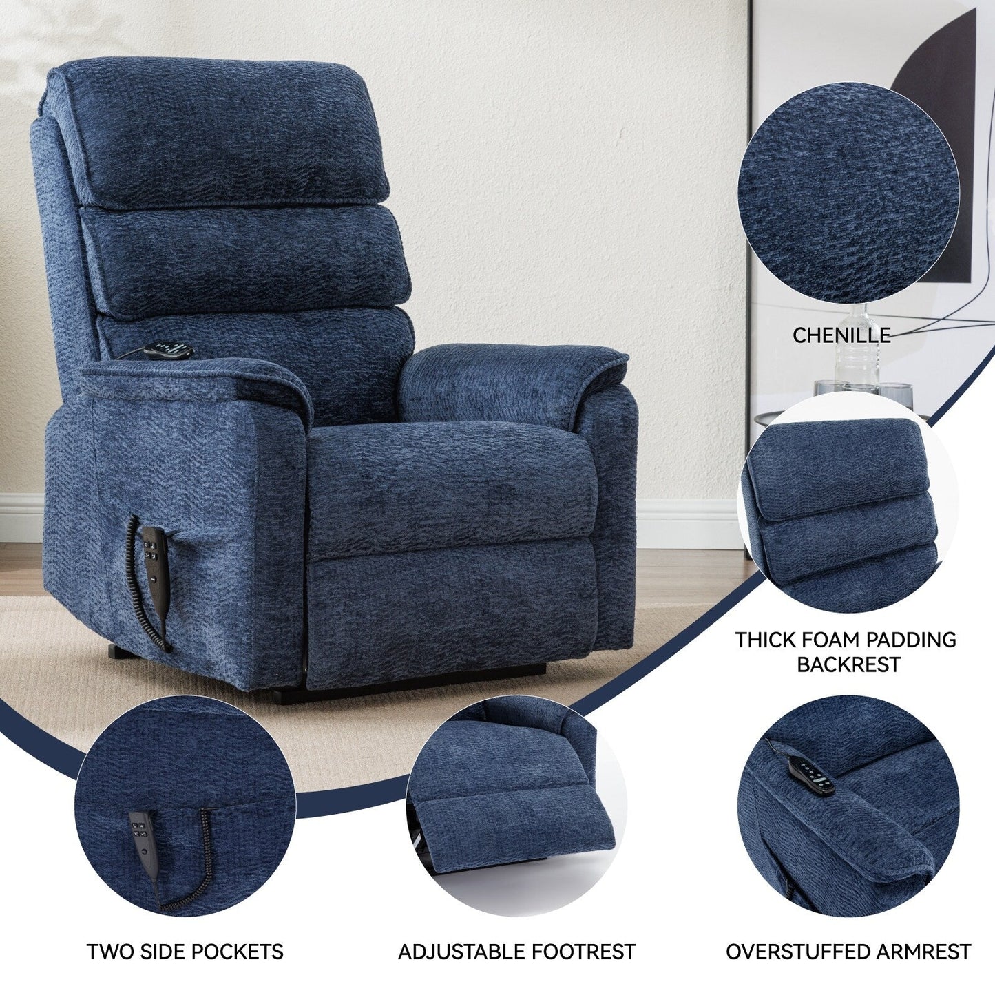 Fauteuil inclinable électrique à double moteur avec massage et chauffage lombaire - Tissu chenille, inclinaison électrique