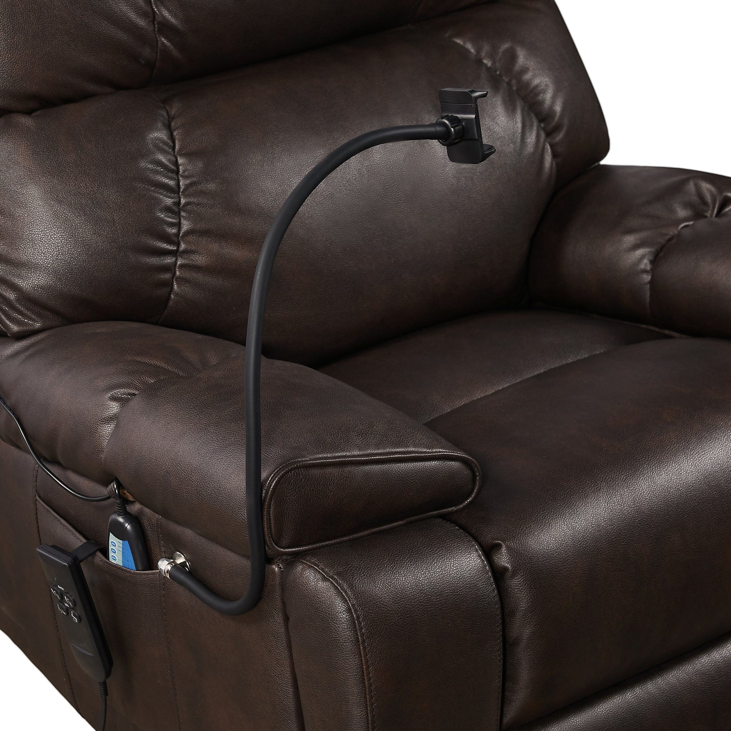 Fauteuil inclinable électrique à double moteur avec massage, chauffage lombaire, poches latérales, support de téléphone réglable et porte-gobelets