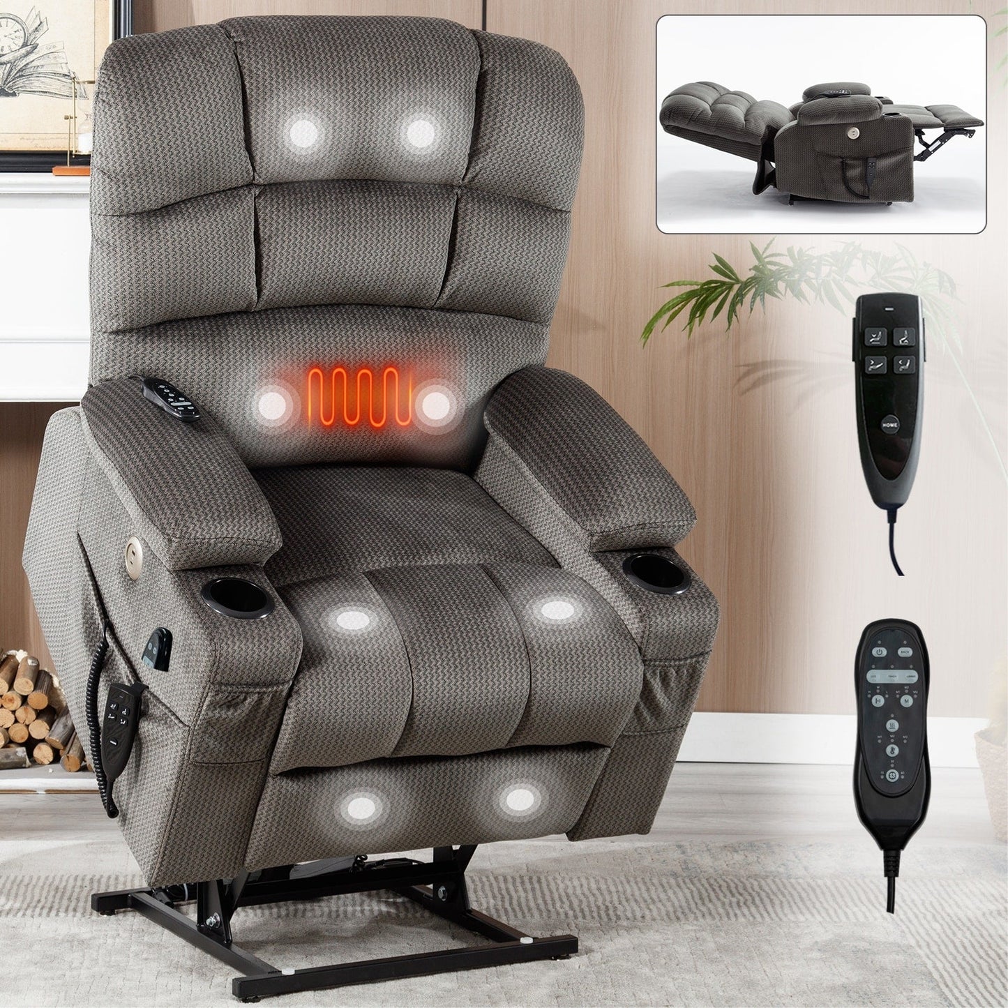 Fauteuil inclinable électrique à double moteur avec massage, chauffage lombaire, vibration à 8 points et deux porte-gobelets