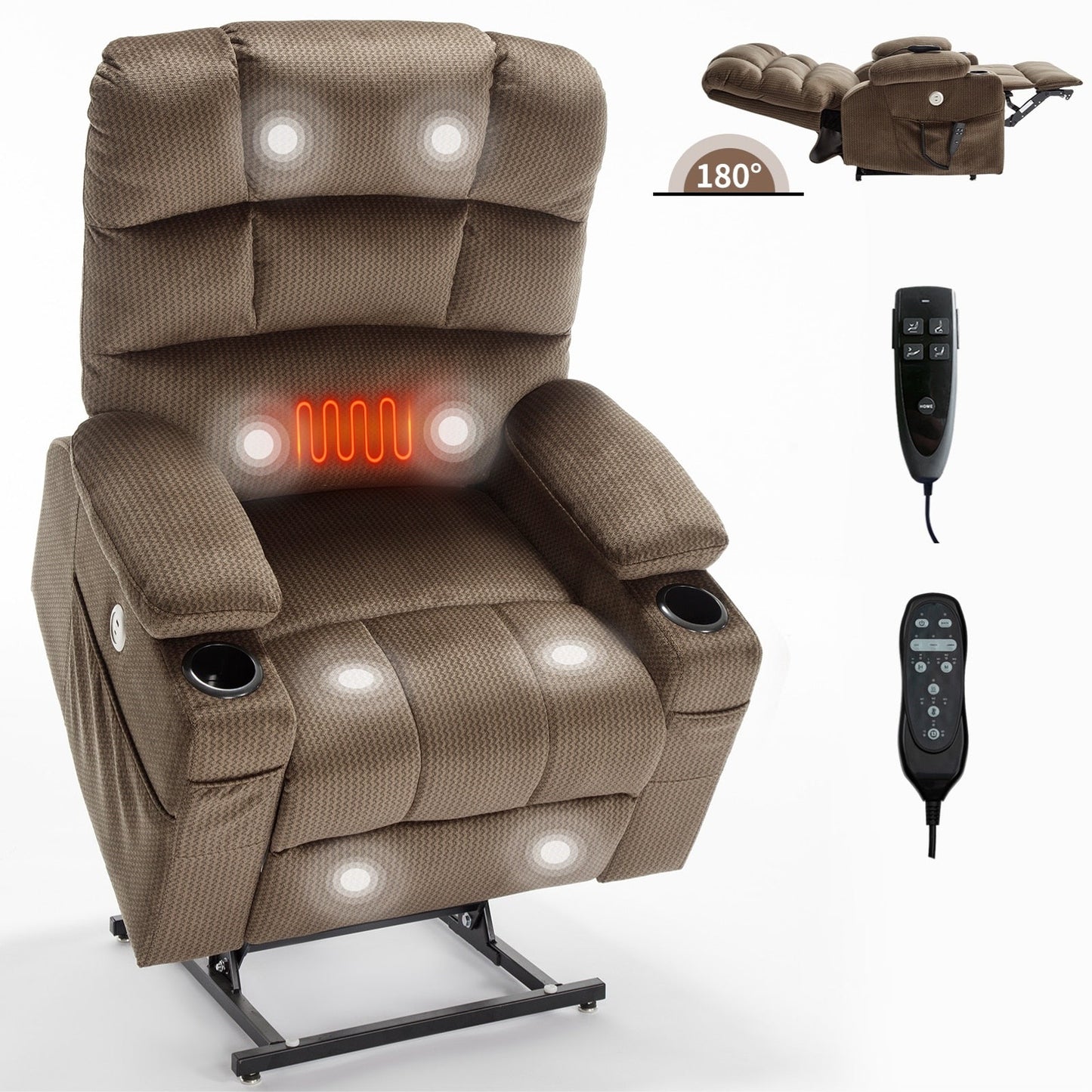 Fauteuil inclinable électrique à double moteur avec massage, chauffage lombaire, vibration à 8 points et deux porte-gobelets