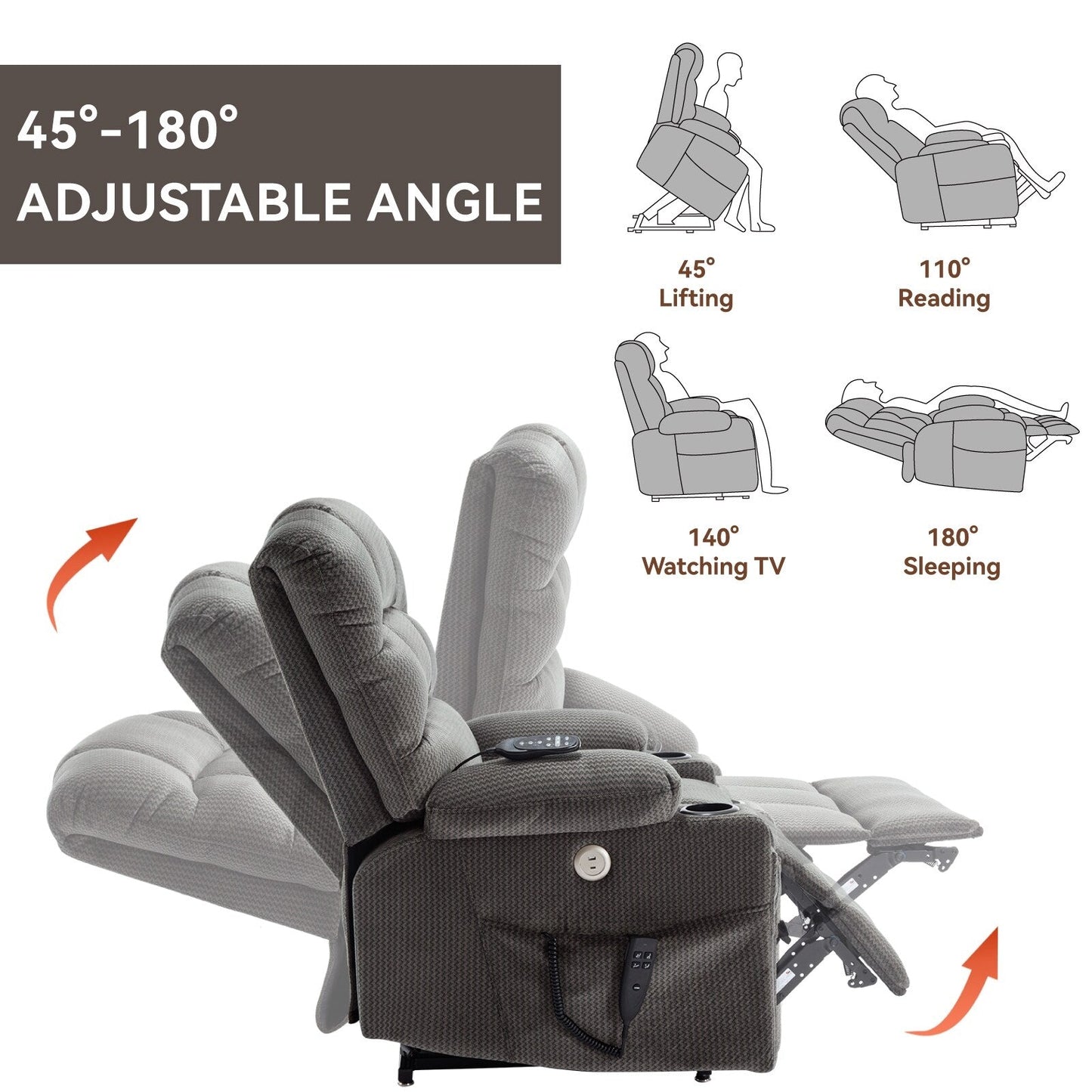 Fauteuil inclinable électrique à double moteur avec massage, chauffage lombaire, vibration à 8 points et deux porte-gobelets