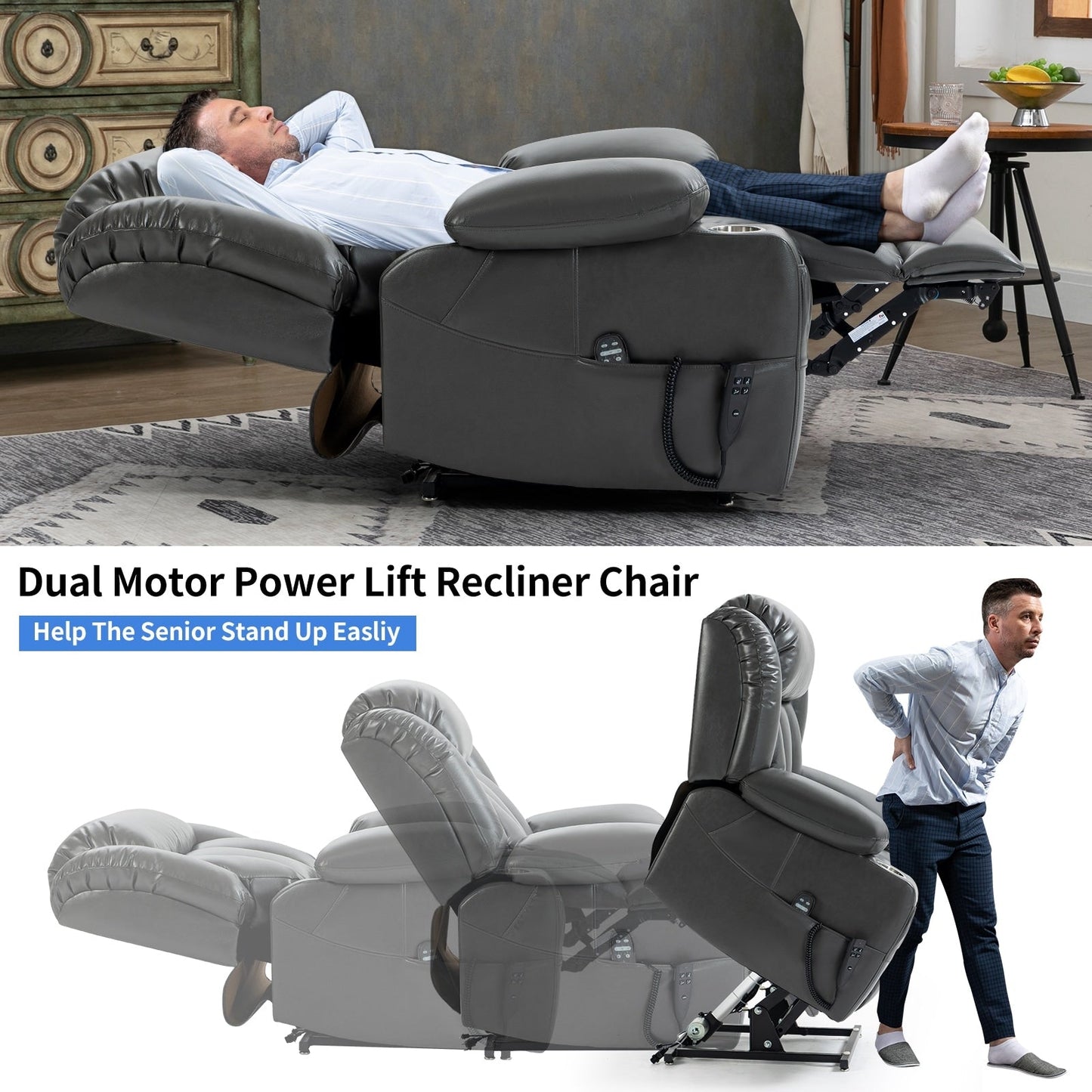 Fauteuil inclinable électrique à double moteur, avec massage 8 points et chauffage lombaire, porte-gobelets en acier inoxydable