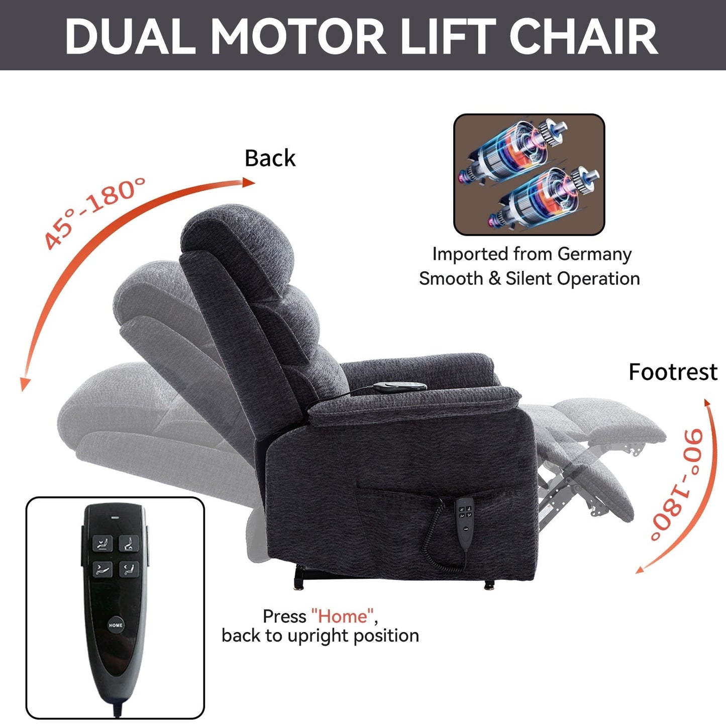 Fauteuil inclinable électrique à double moteur, avec chauffage et massage, capacité de 158 kg, positions infinies, télécommande électrique, poches latérales