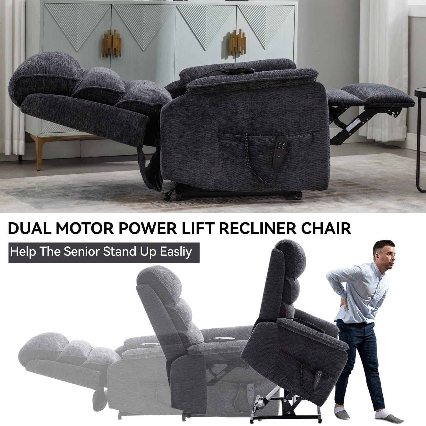 Fauteuil inclinable électrique à double moteur, avec chauffage et massage, capacité de 158 kg, positions infinies, télécommande électrique, poches latérales