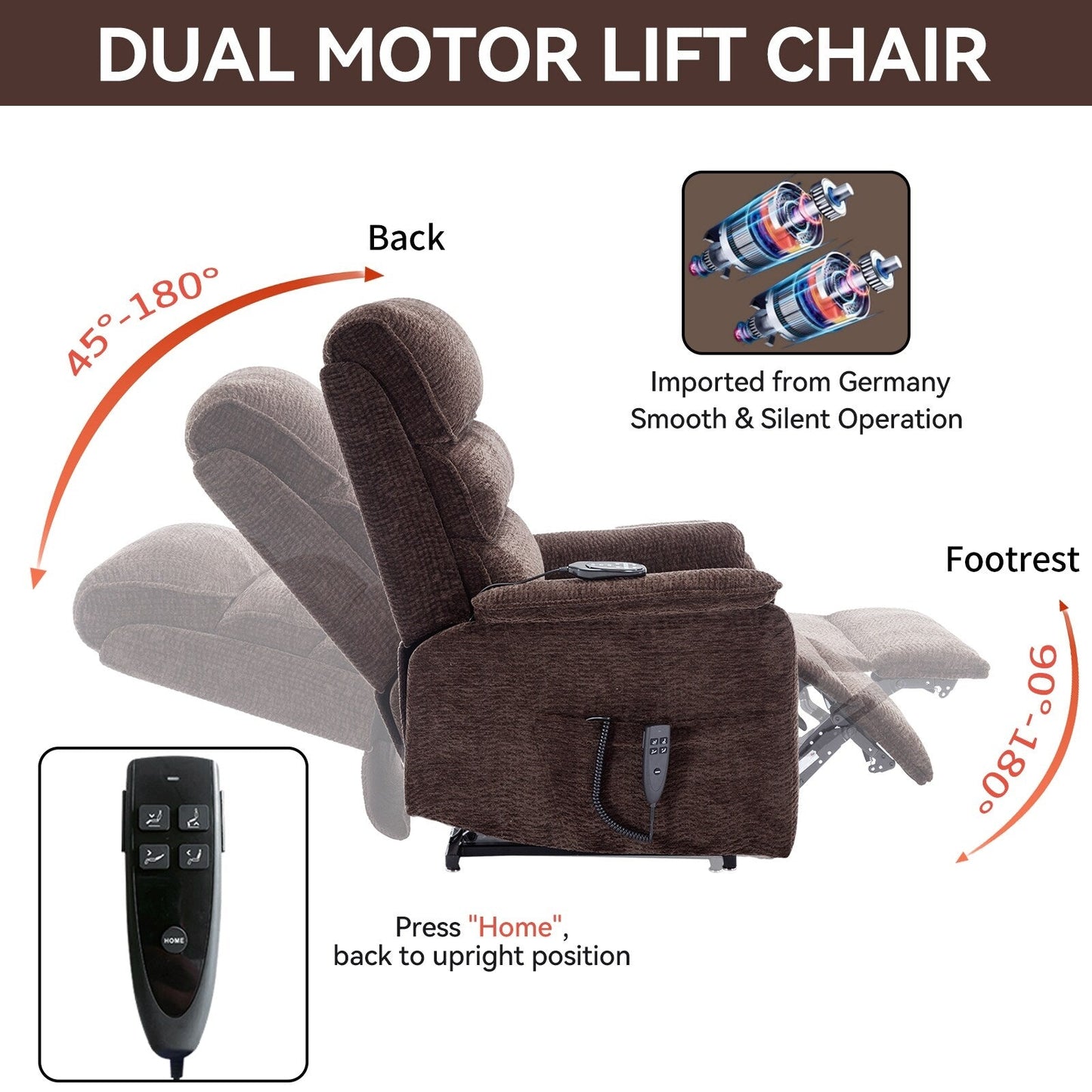 Fauteuil inclinable électrique à double moteur, avec chauffage et massage, capacité de 158 kg, positions infinies, télécommande électrique, poches latérales