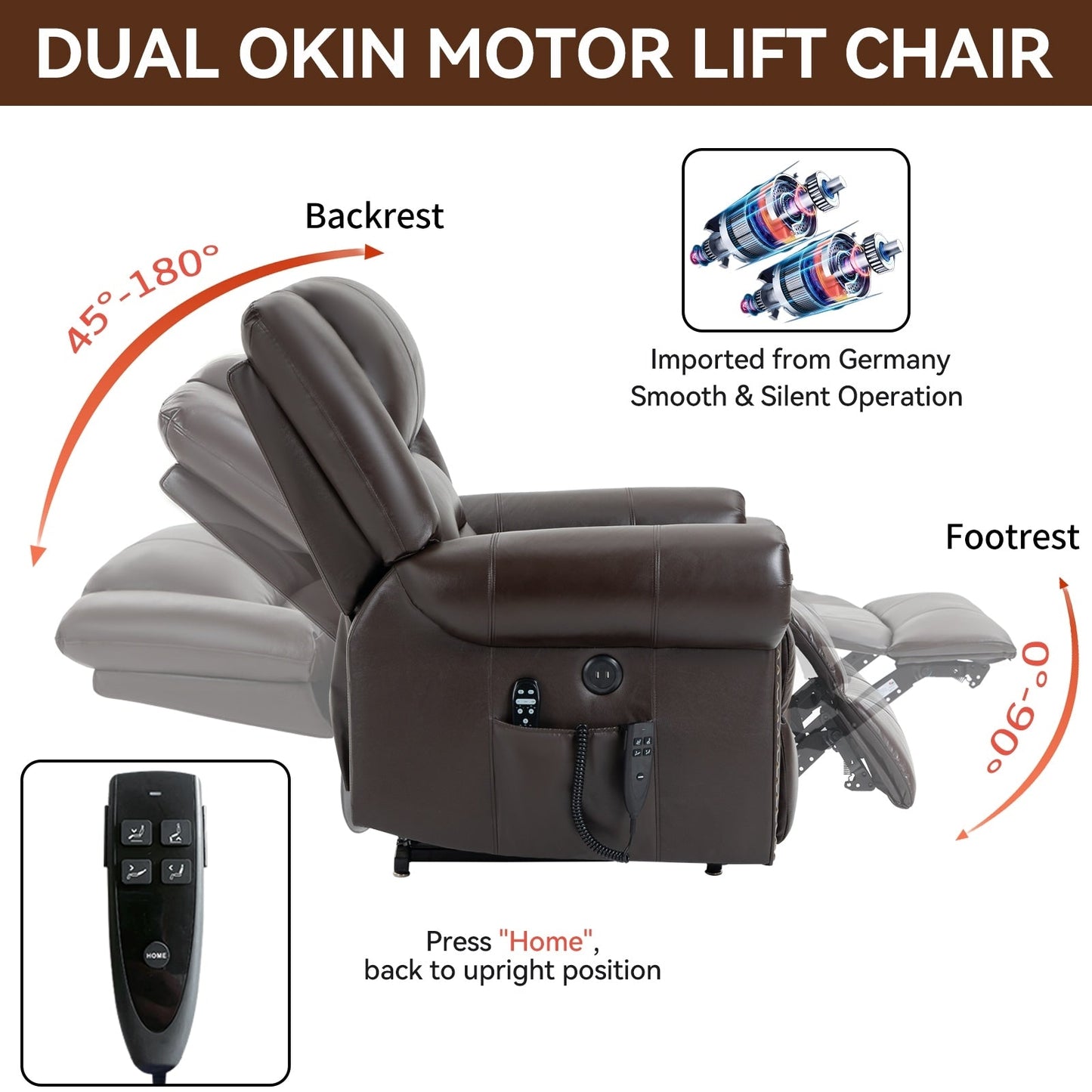 Fauteuil inclinable électrique à double moteur, massage thermique, positions infinies, USB
