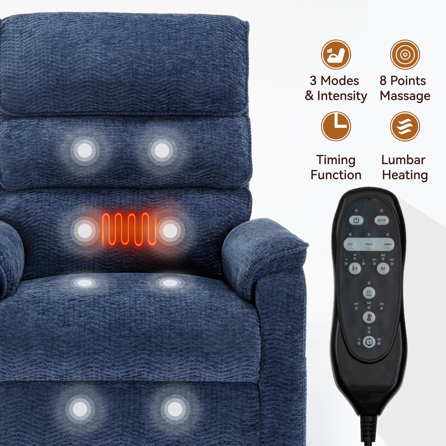 Fauteuil inclinable électrique à double moteur, fauteuil rembourré, canapé de massage chauffant avec minuterie, poches latérales et télécommande