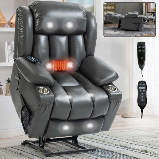 Fauteuil inclinable électrique à double moteur avec massage en 8 points, chauffage lombaire, porte-gobelets en acier inoxydable et poches de rangement