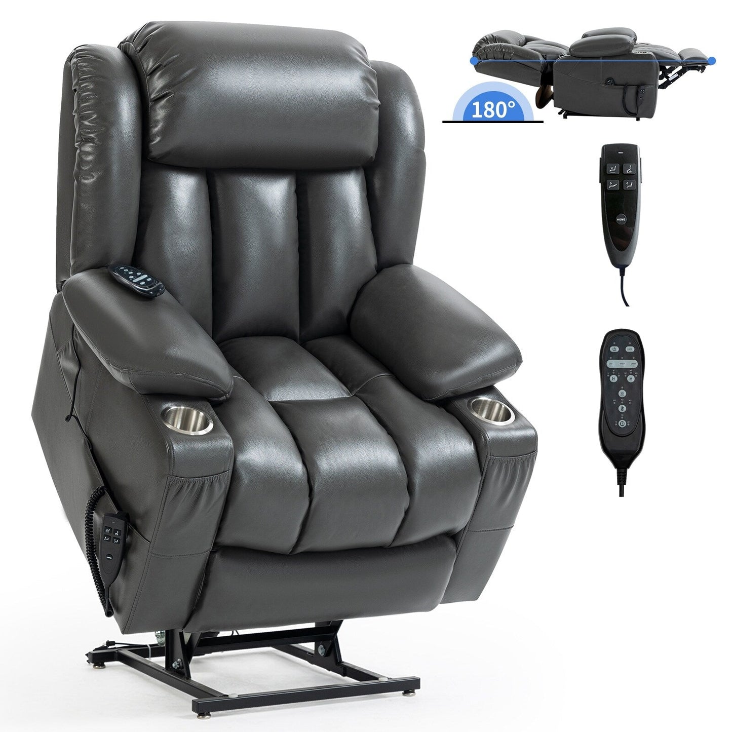 Fauteuil inclinable électrique à double moteur avec massage en 8 points, chauffage lombaire, porte-gobelets en acier inoxydable et poches latérales