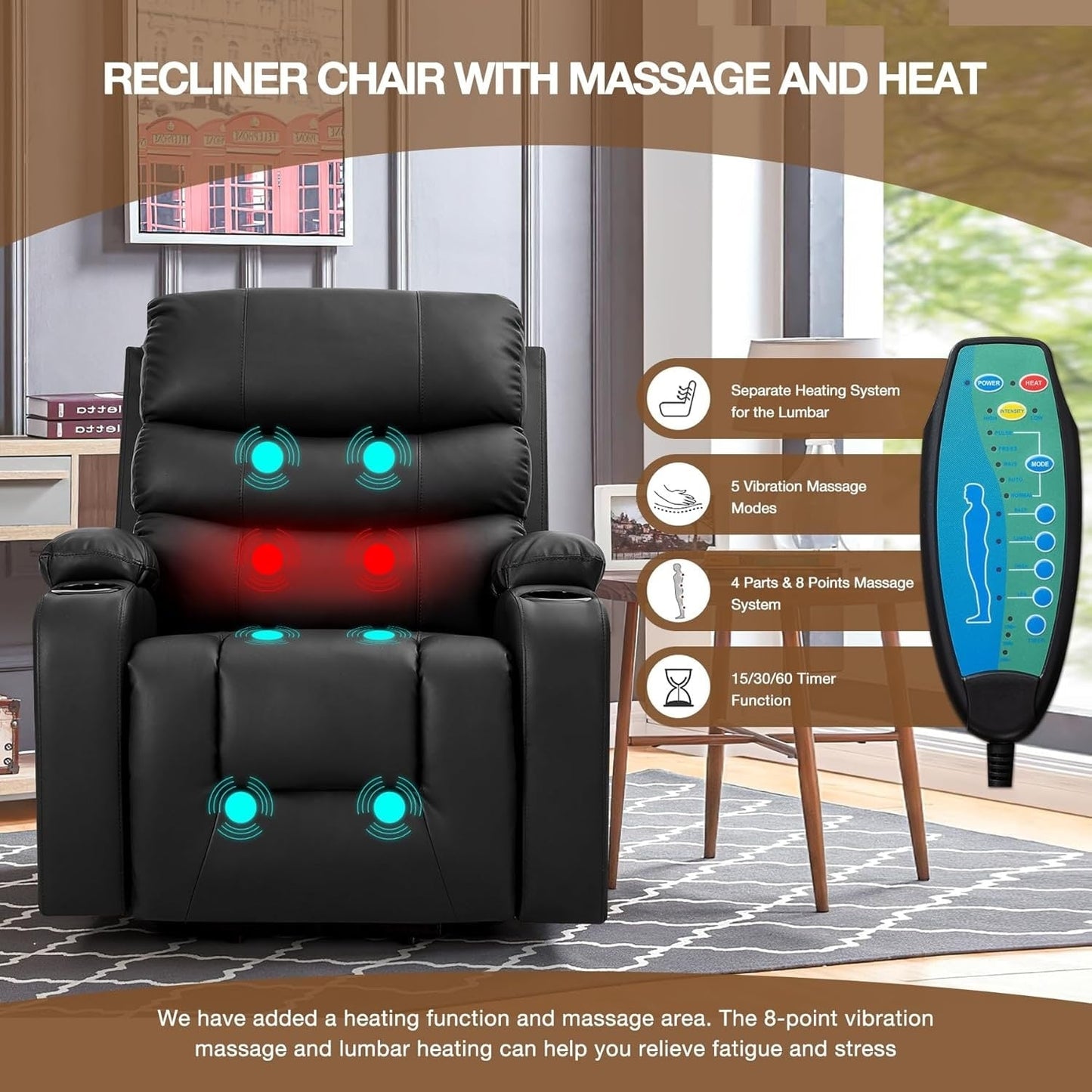 Fauteuil inclinable électrique surdimensionné EROMMY avec massage et chaleur – Fauteuil en cuir synthétique avec poches, porte-gobelets et port USB
