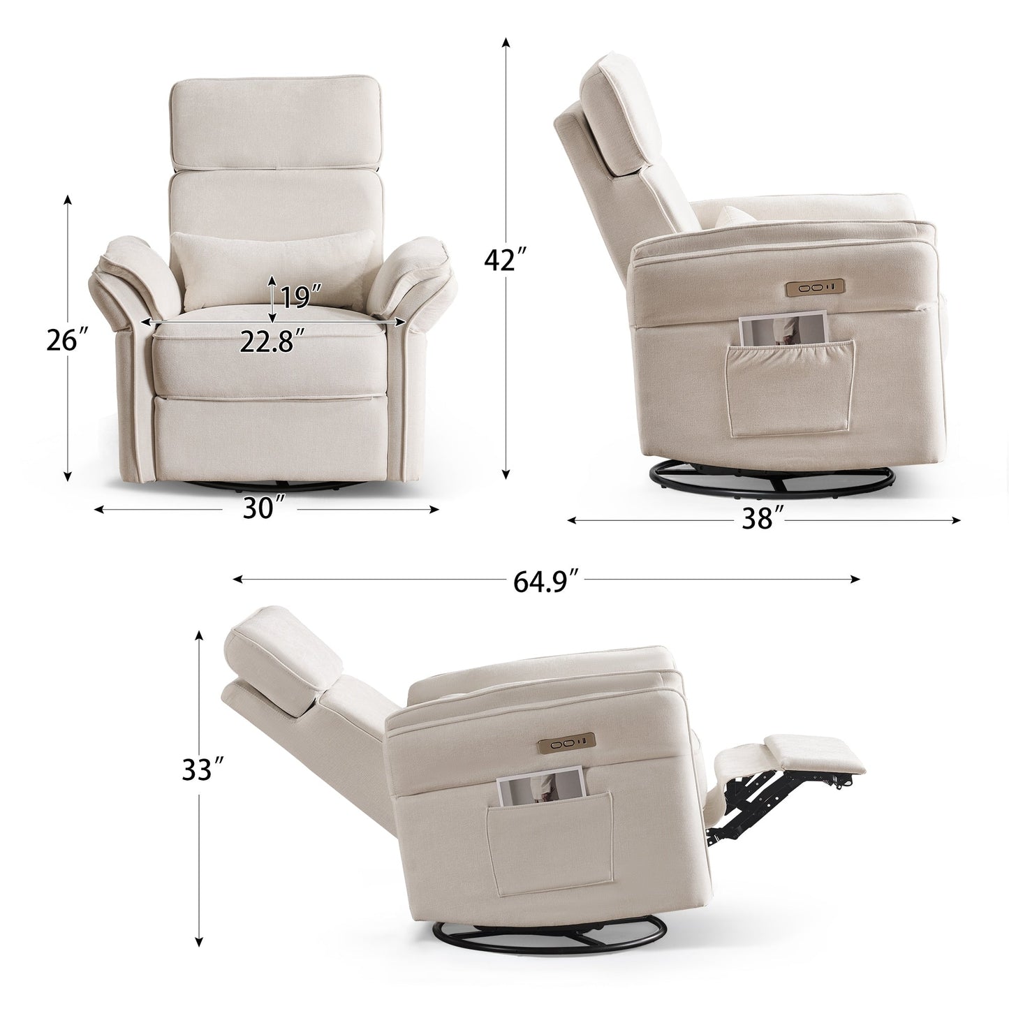 Fauteuil inclinable pivotant et électrique EROMMY avec appui-tête et accoudoirs réglables, chargement USB et Type-C, fauteuil inclinable pour chambre d'enfant