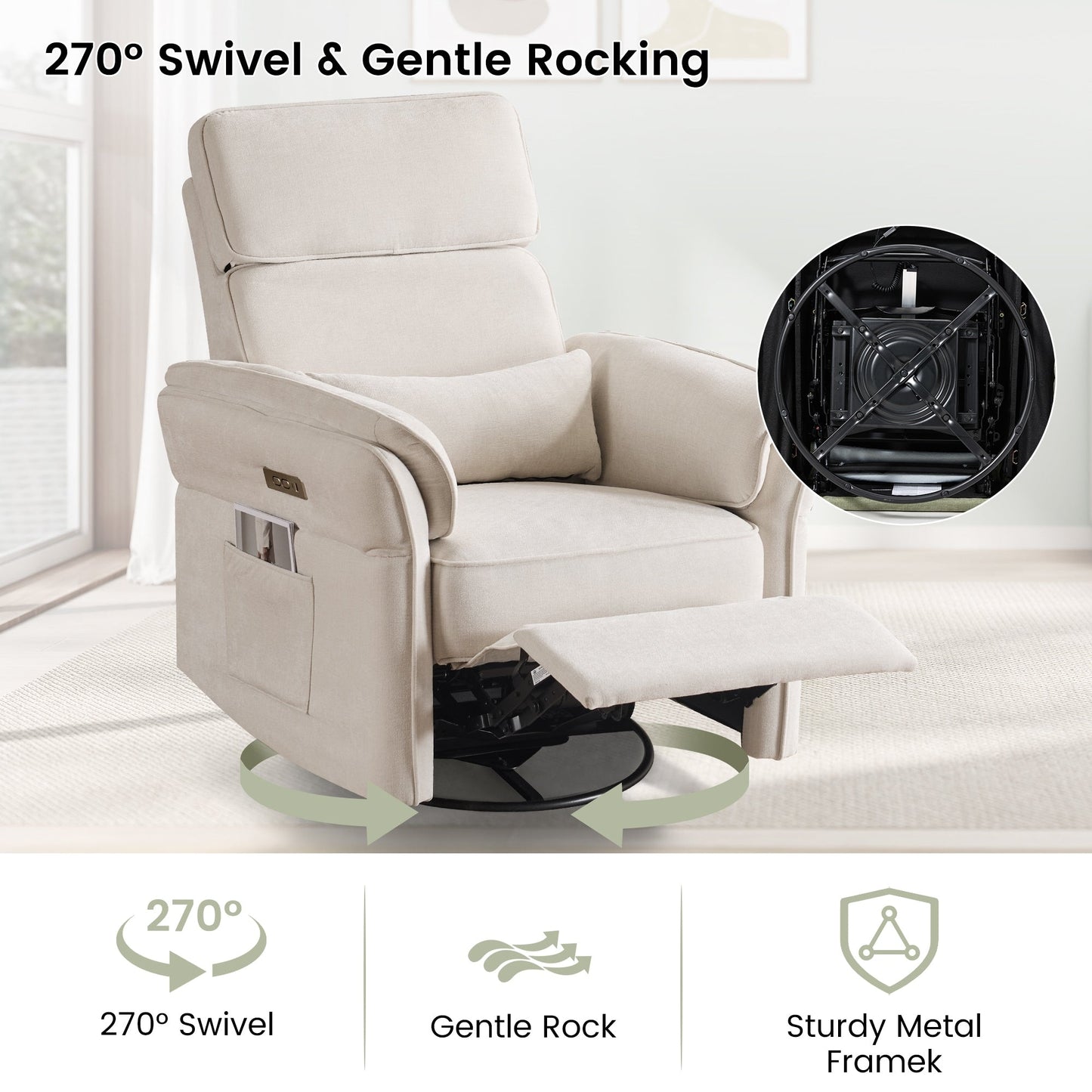 Fauteuil inclinable pivotant et électrique EROMMY avec appui-tête et accoudoirs réglables, chargement USB et Type-C, fauteuil inclinable pour chambre d'enfant