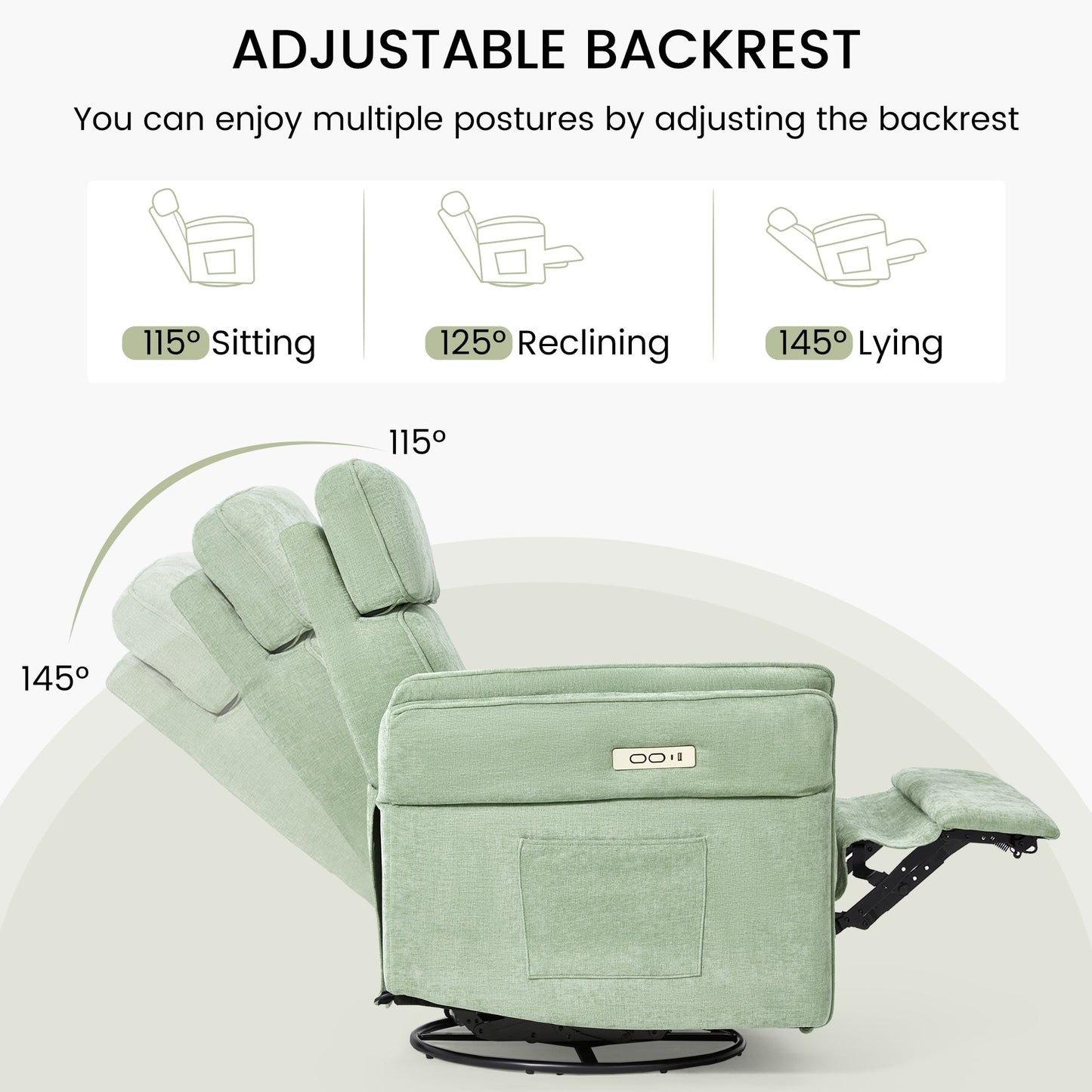 Fauteuil inclinable pivotant et électrique EROMMY avec appui-tête et accoudoirs réglables, chargement USB et Type-C, fauteuil inclinable pour chambre d'enfant