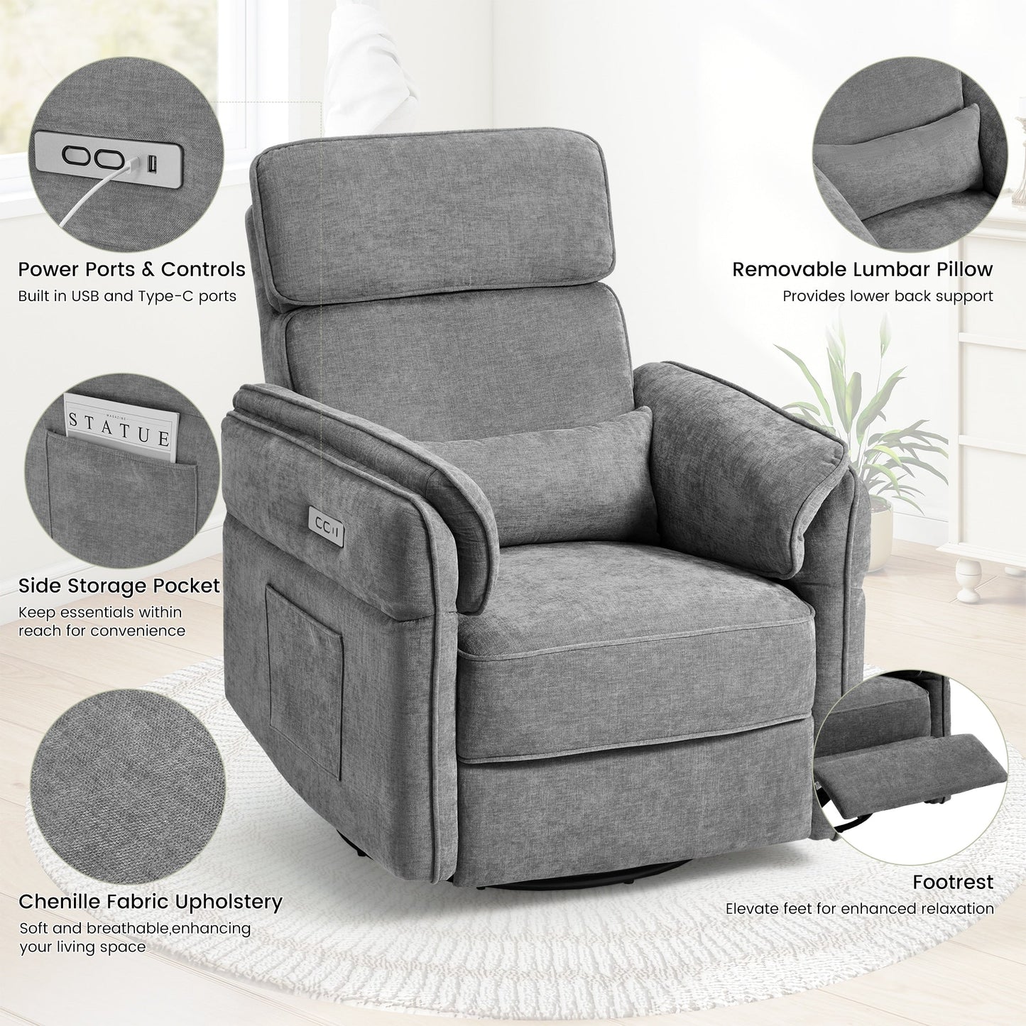 Fauteuil inclinable pivotant et électrique EROMMY avec appui-tête et accoudoirs réglables, chargement USB et Type-C, fauteuil inclinable pour chambre d'enfant