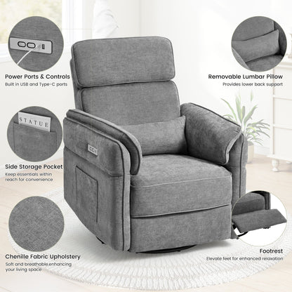 Fauteuil inclinable pivotant et électrique EROMMY avec appui-tête et accoudoirs réglables, chargement USB et Type-C, fauteuil inclinable pour chambre d'enfant