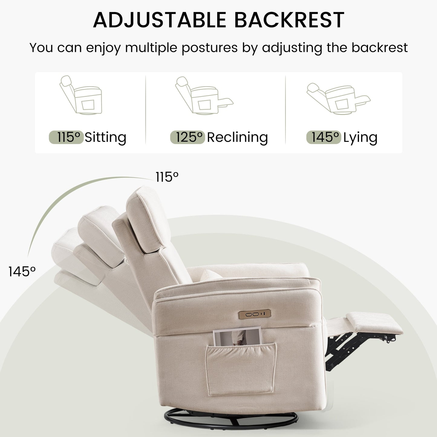 Fauteuil inclinable pivotant et électrique EROMMY avec appui-tête et accoudoirs réglables, chargement USB et Type-C, fauteuil inclinable pour chambre d'enfant