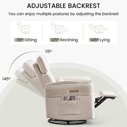 Fauteuil inclinable pivotant et électrique EROMMY avec appui-tête et accoudoirs réglables, chargement USB et Type-C, fauteuil inclinable pour chambre d'enfant