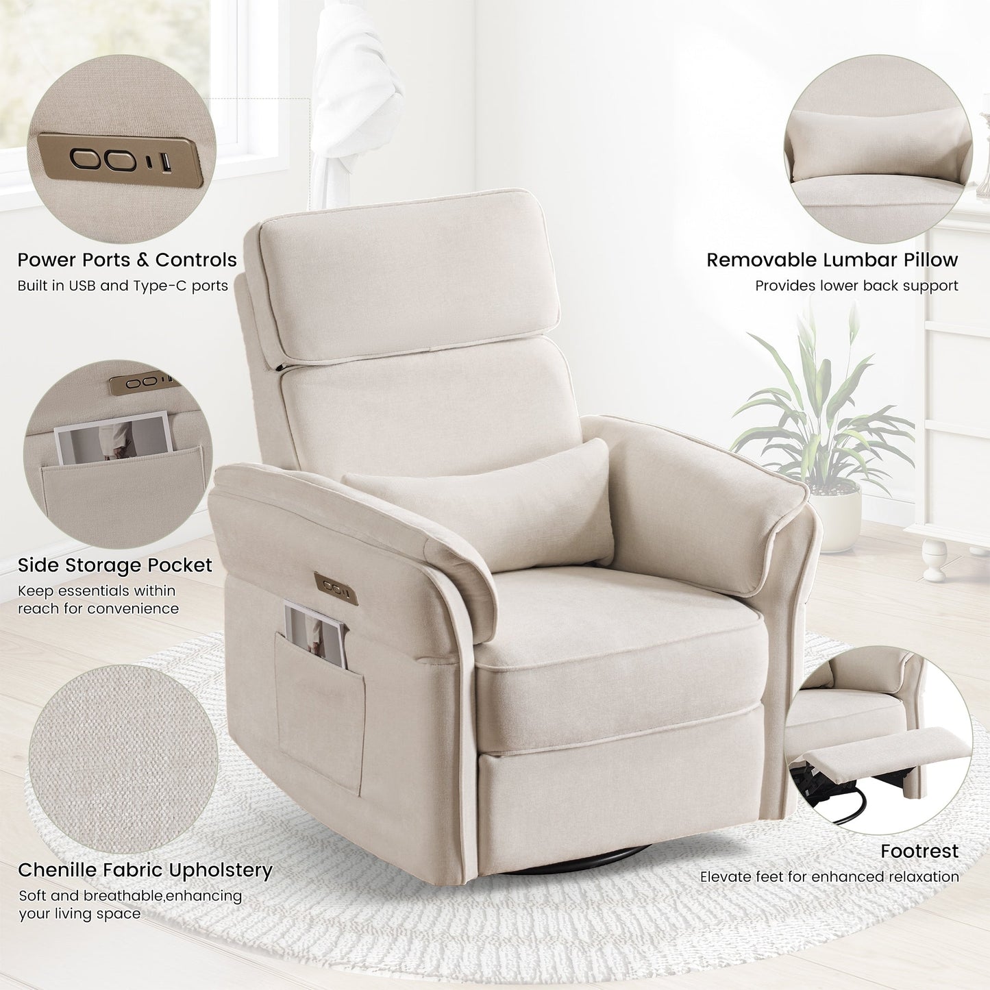 Fauteuil inclinable pivotant et électrique EROMMY avec appui-tête et accoudoirs réglables, chargement USB et Type-C, fauteuil inclinable pour chambre d'enfant