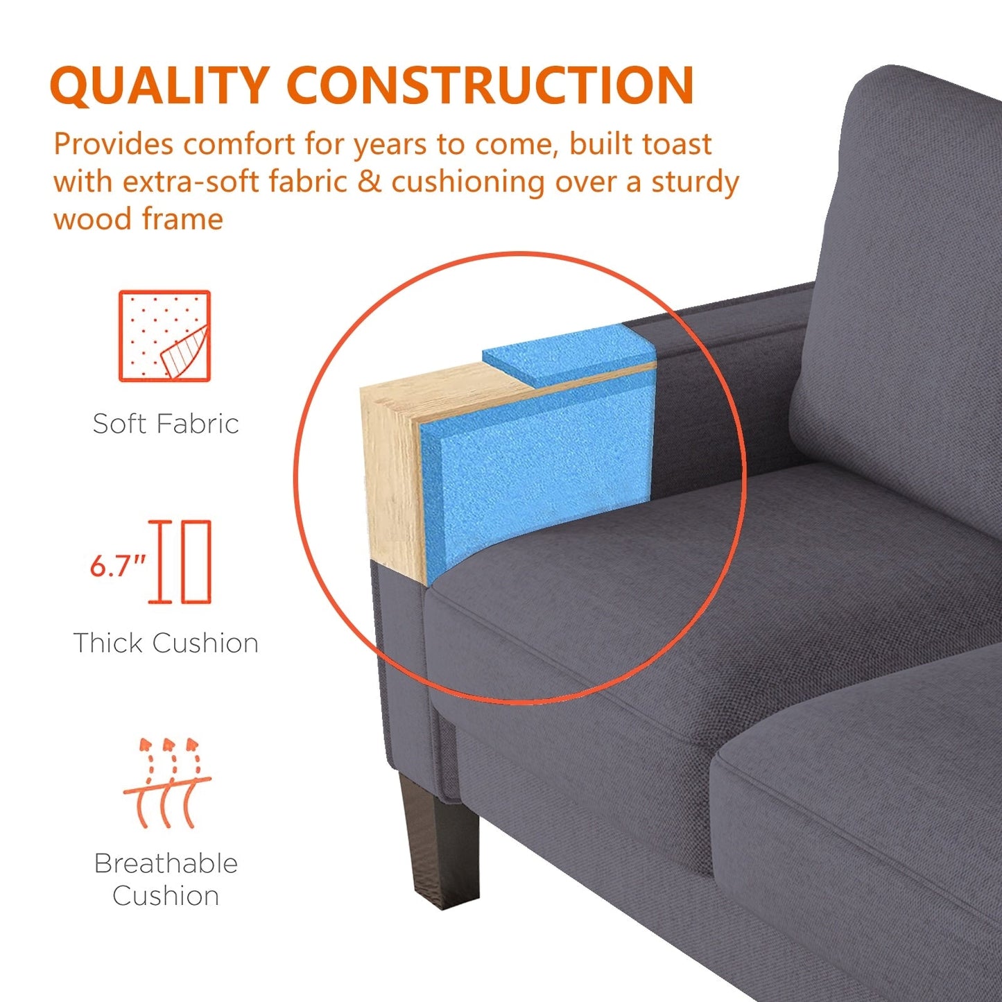 Canapé 3 places rembourré avec pouf, housse de coussin amovible et petit espace de rangement