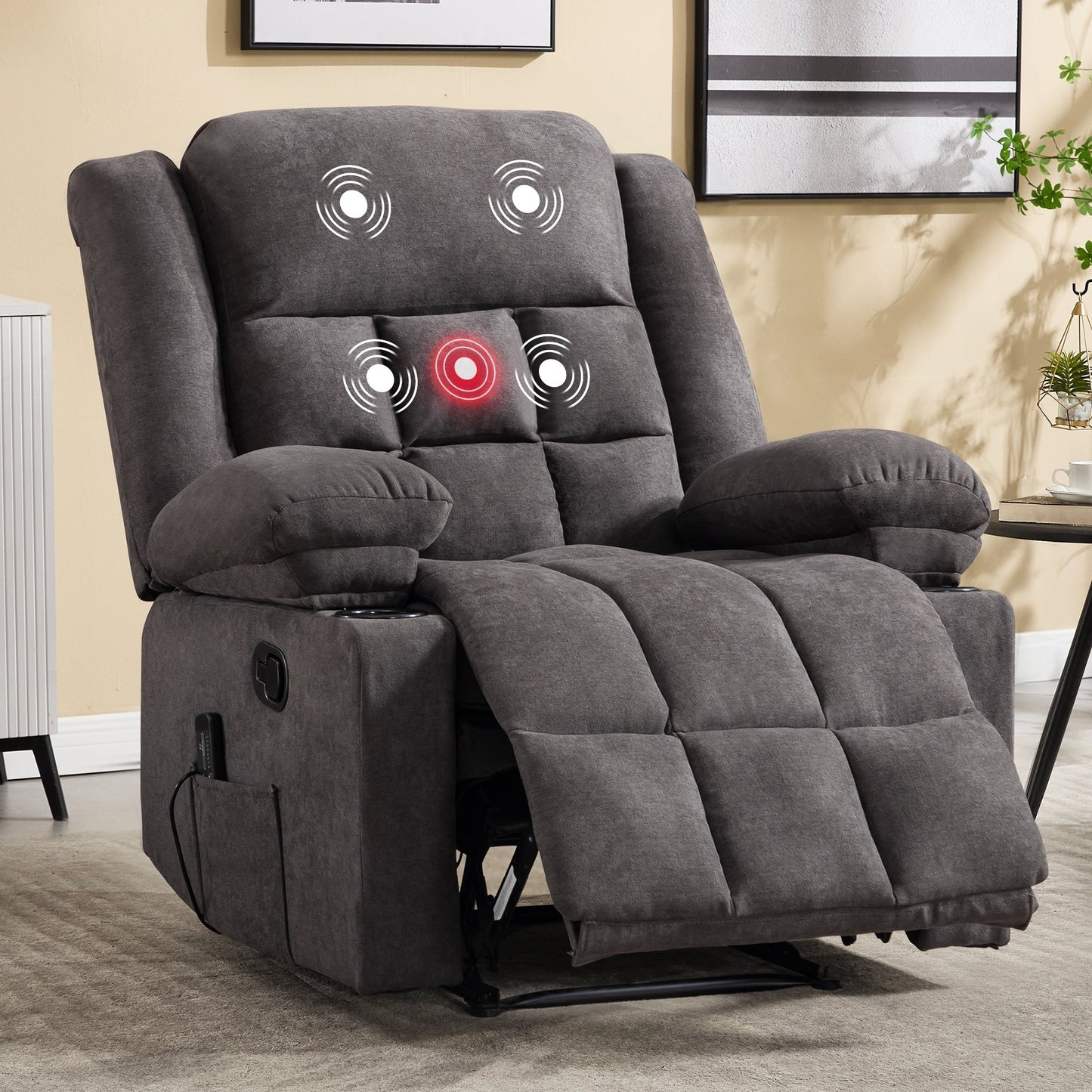 Fauteuil inclinable manuel Ebello avec massage et chauffage, fauteuil inclinable en tissu avec porte-gobelets et poches de rangement, chaise longue pour le salon