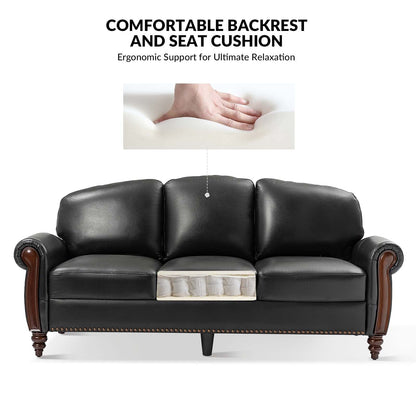 Canapé traditionnel en cuir véritable Eduard 84 avec pieds en bois sculpté par HULALA HOME