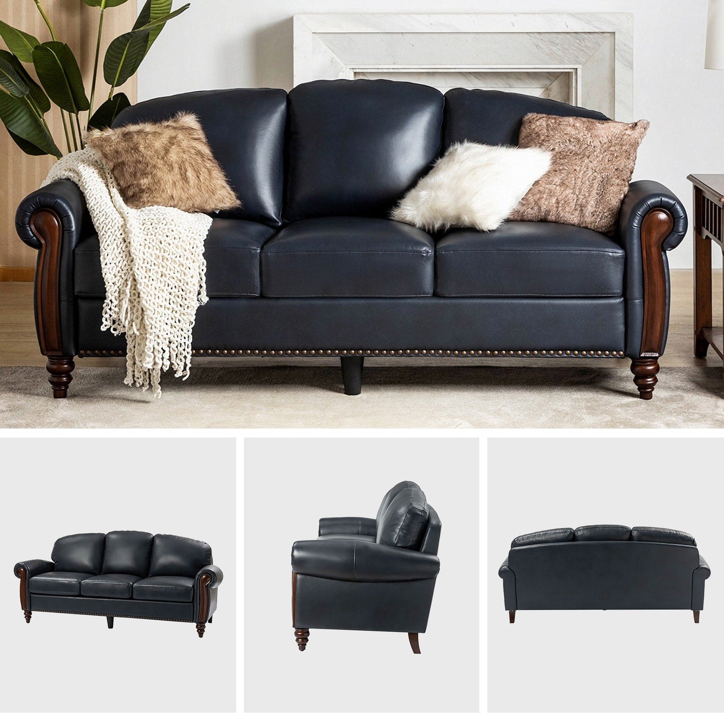 Canapé traditionnel en cuir véritable Eduard 84 avec pieds en bois sculpté par HULALA HOME