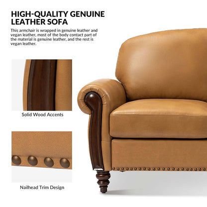 Canapé traditionnel en cuir véritable Eduard 84 avec pieds en bois sculpté par HULALA HOME