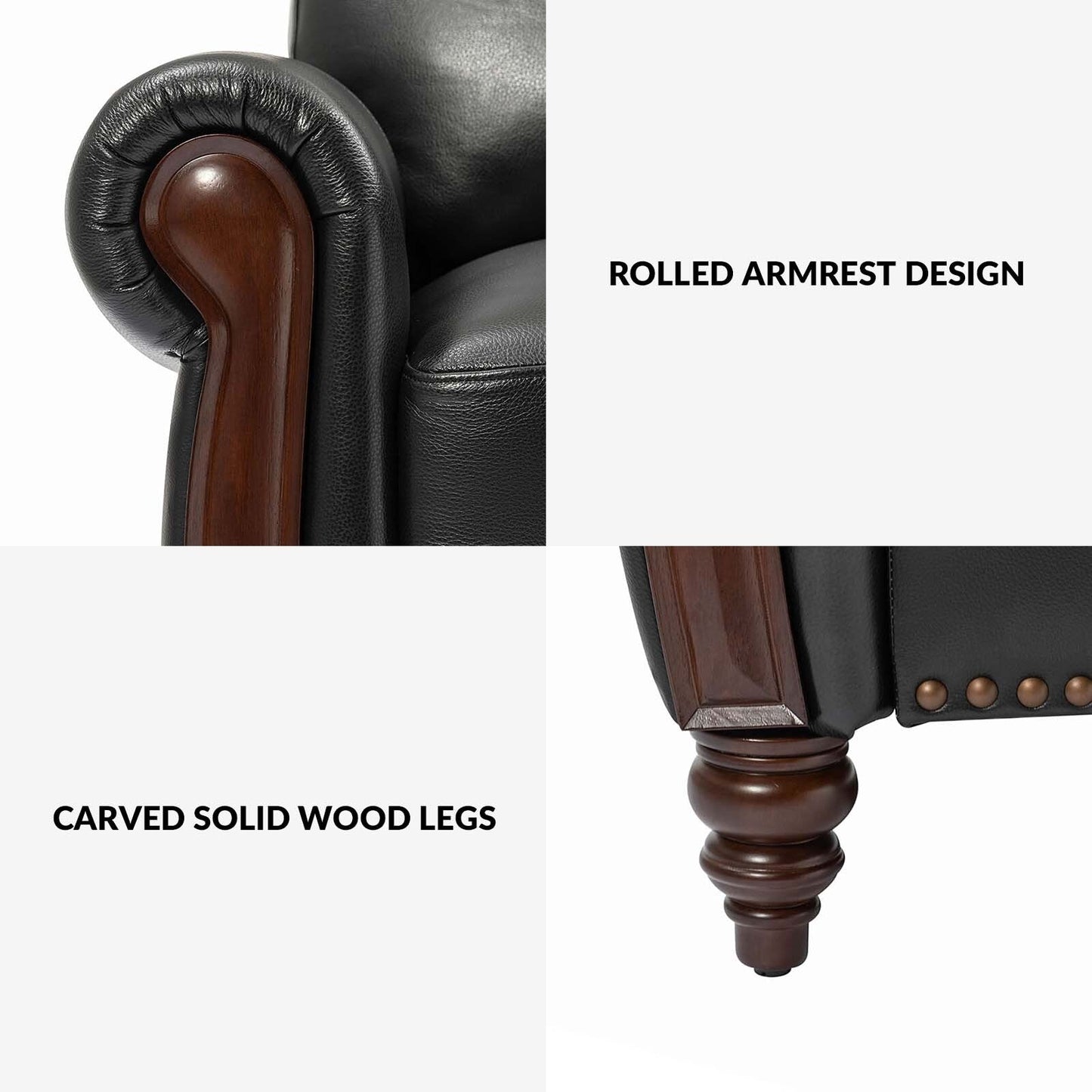 Canapé traditionnel en cuir véritable Eduard 84 avec pieds en bois sculpté par HULALA HOME