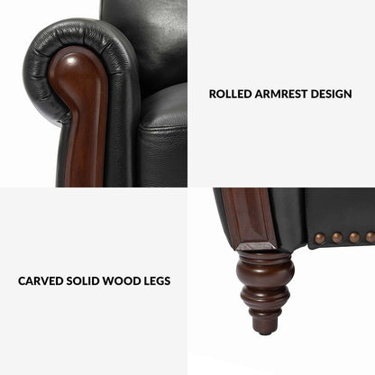 Canapé traditionnel en cuir véritable Eduard 84 avec pieds en bois sculpté par HULALA HOME