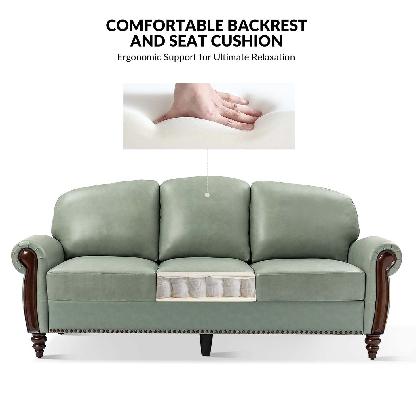 Canapé traditionnel en cuir véritable Eduard 84 avec pieds en bois sculpté par HULALA HOME