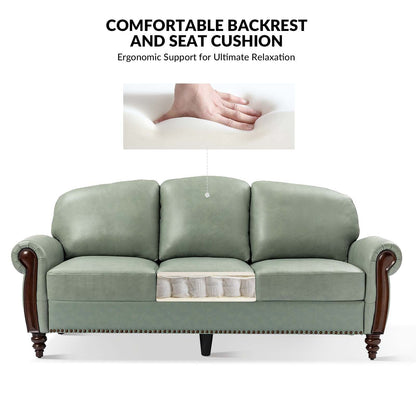 Canapé traditionnel en cuir véritable Eduard 84 avec pieds en bois sculpté par HULALA HOME