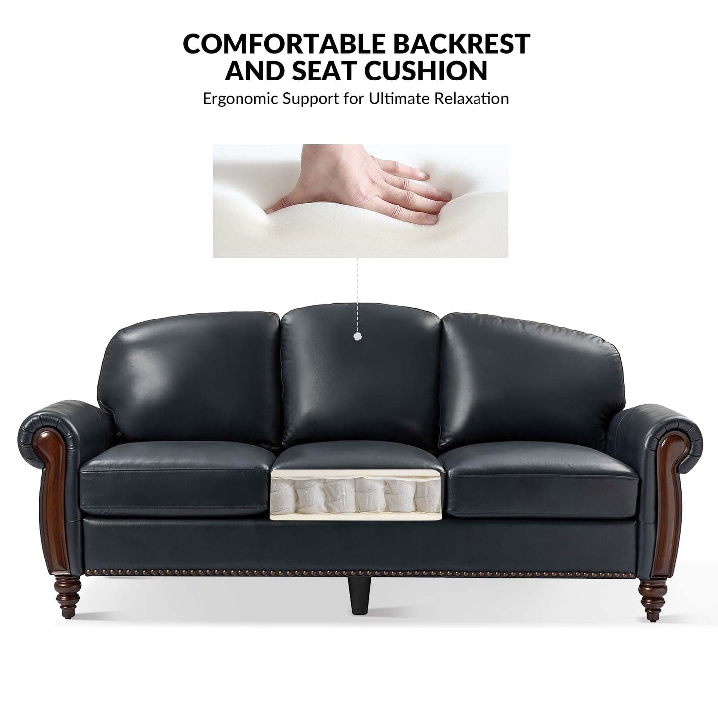 Canapé traditionnel en cuir véritable Eduard 84 avec pieds en bois sculpté par HULALA HOME