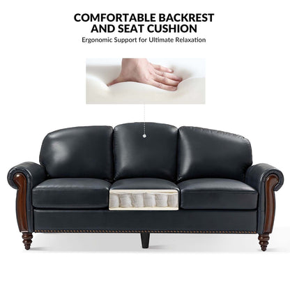 Canapé traditionnel en cuir véritable Eduard 84 avec pieds en bois sculpté par HULALA HOME