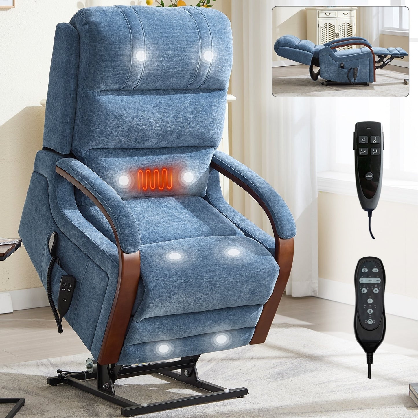 Fauteuil inclinable électrique en chenille avec deux moteurs, positions d'inclinaison infinies, chauffage et massage 8 points, accoudoirs en bois massif
