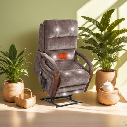 Fauteuil inclinable électrique en chenille avec deux moteurs, positions d'inclinaison infinies, chauffage et massage 8 points, accoudoirs en bois massif