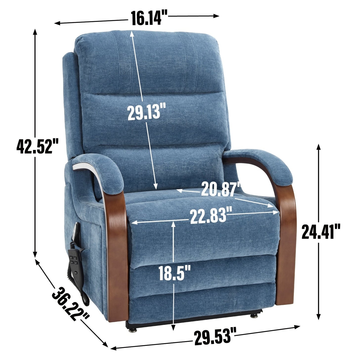 Fauteuil inclinable électrique en chenille avec deux moteurs, positions d'inclinaison infinies, chauffage et massage 8 points, accoudoirs en bois massif