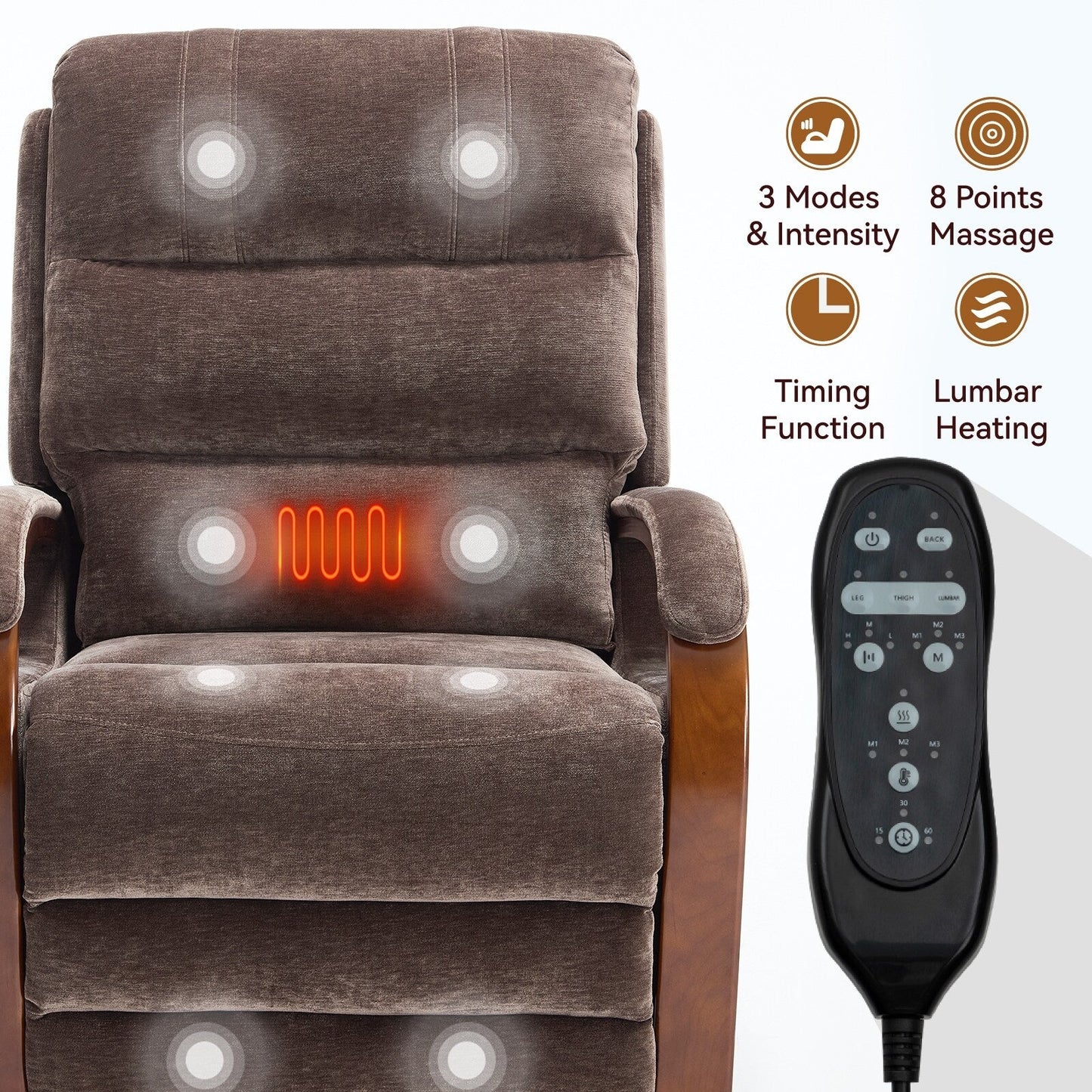 Fauteuil inclinable électrique en chenille avec deux moteurs, positions d'inclinaison infinies, chauffage et massage 8 points, accoudoirs en bois massif