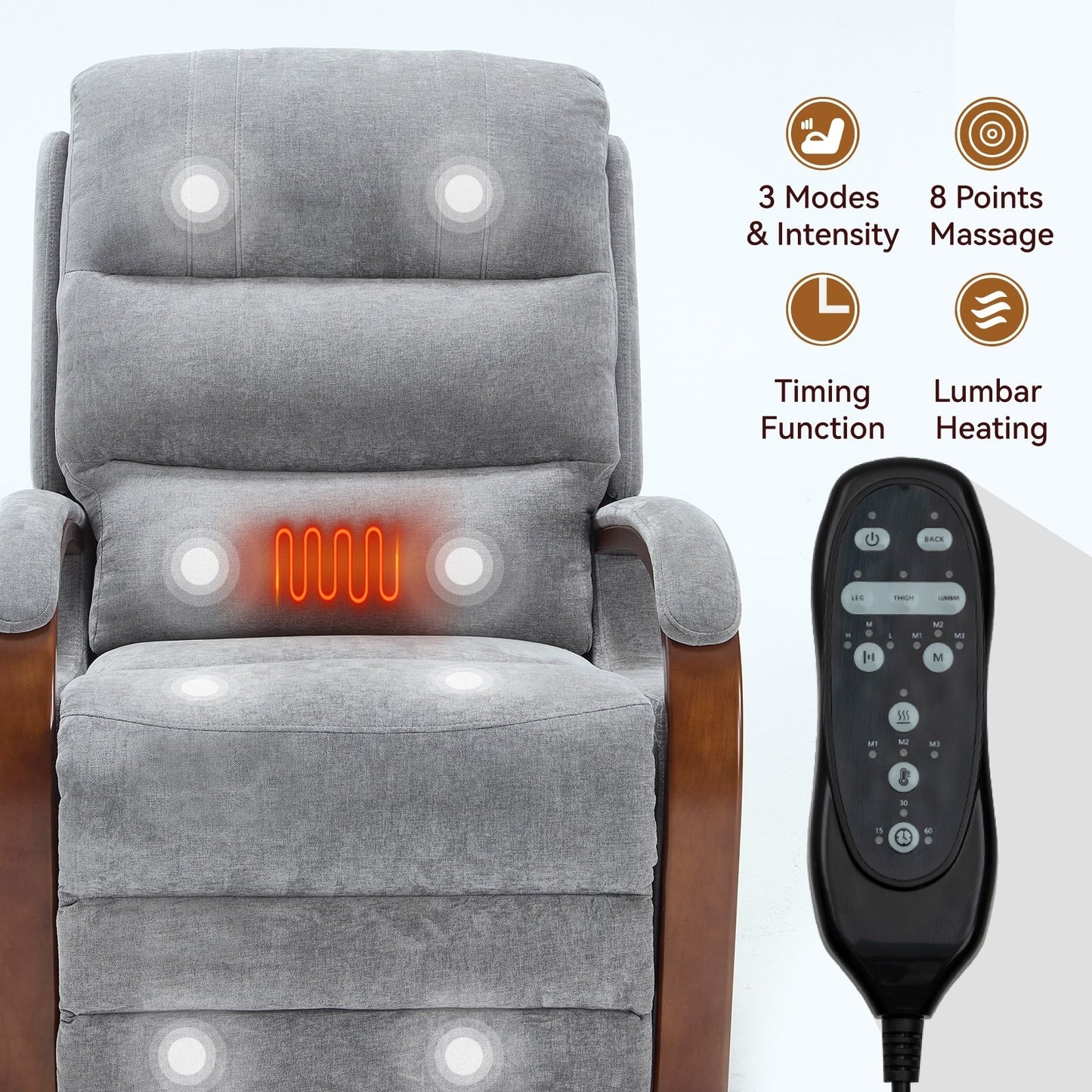 Fauteuil inclinable électrique en chenille avec deux moteurs, positions d'inclinaison infinies, chauffage et massage 8 points, accoudoirs en bois massif